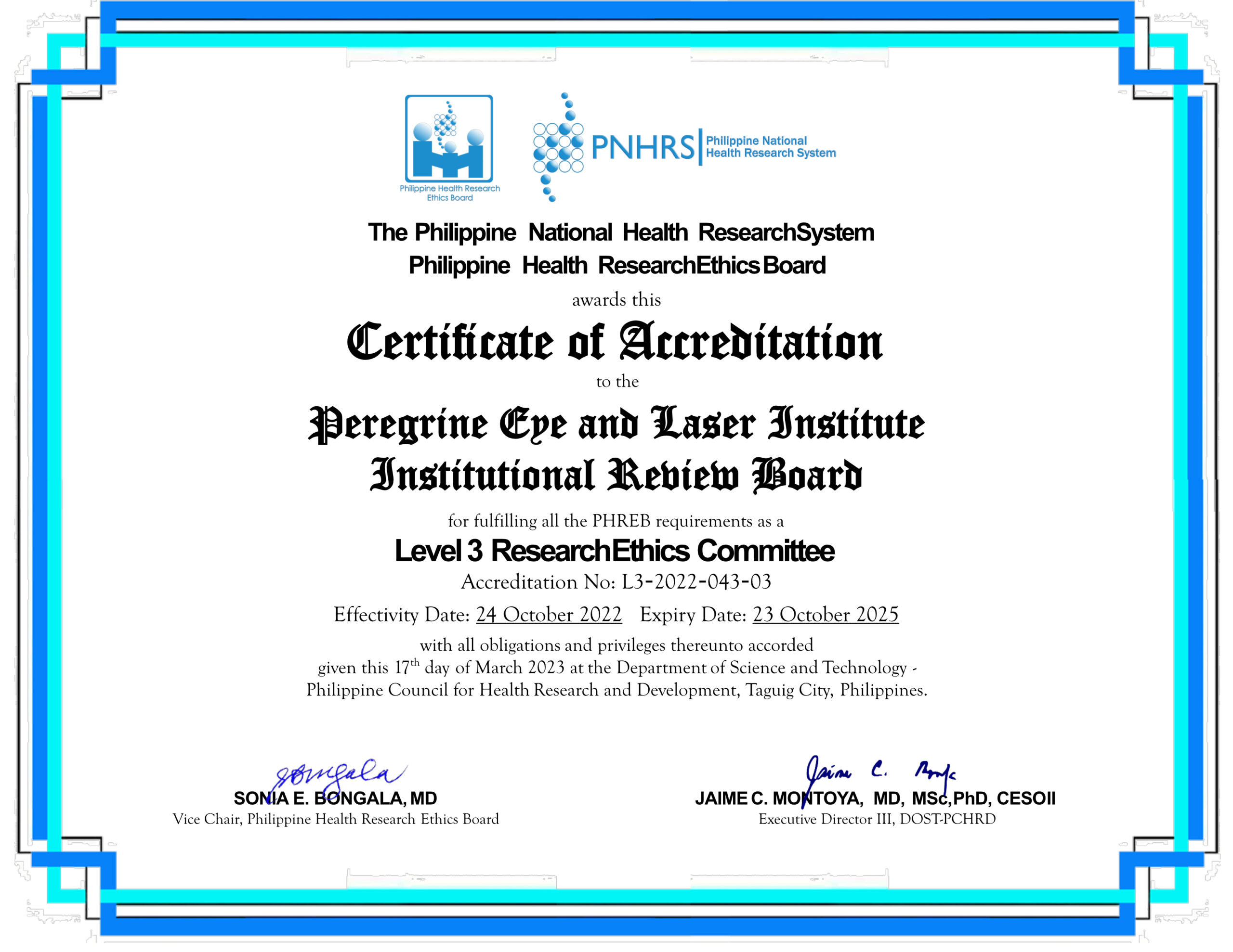 IRB'S Re-accreditation Certificate - Peregrine Eye Laser and Institute